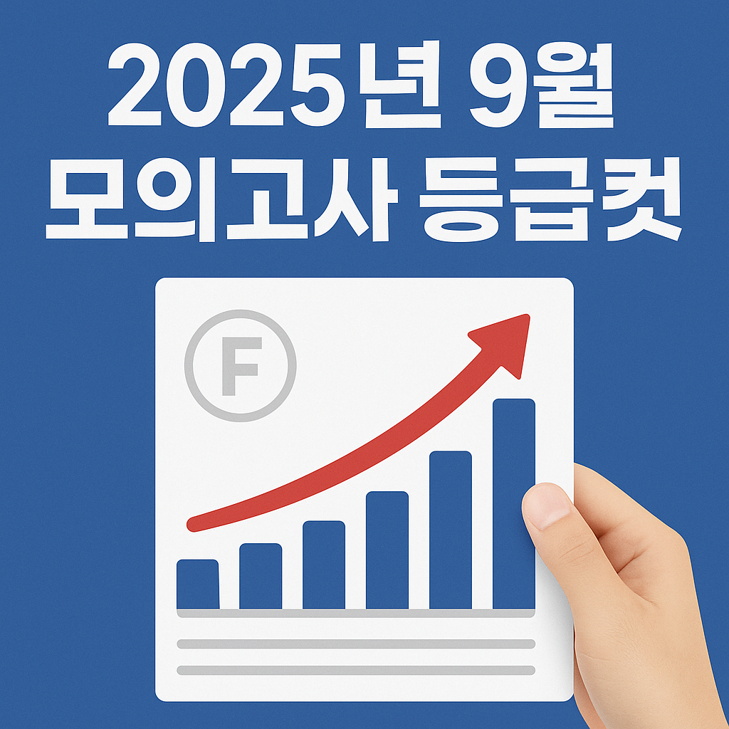 2025년 9월 모의고사 등급컷 안내 썸네일, 파란 배경 위에 '2025년 9월 모의고사 등급컷' 텍스트가 크게 쓰여 있고, 손에 들린 그래프 문서에는 빨간 상승 화살표와 막대그래프가 그려져 성적 상승을 상징하는 이미지