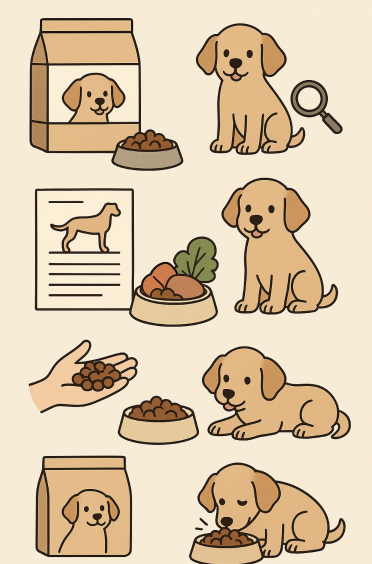 "강아지 사료 고르기부터 먹이는 장면까지 순서대로 그려진 일러스트"