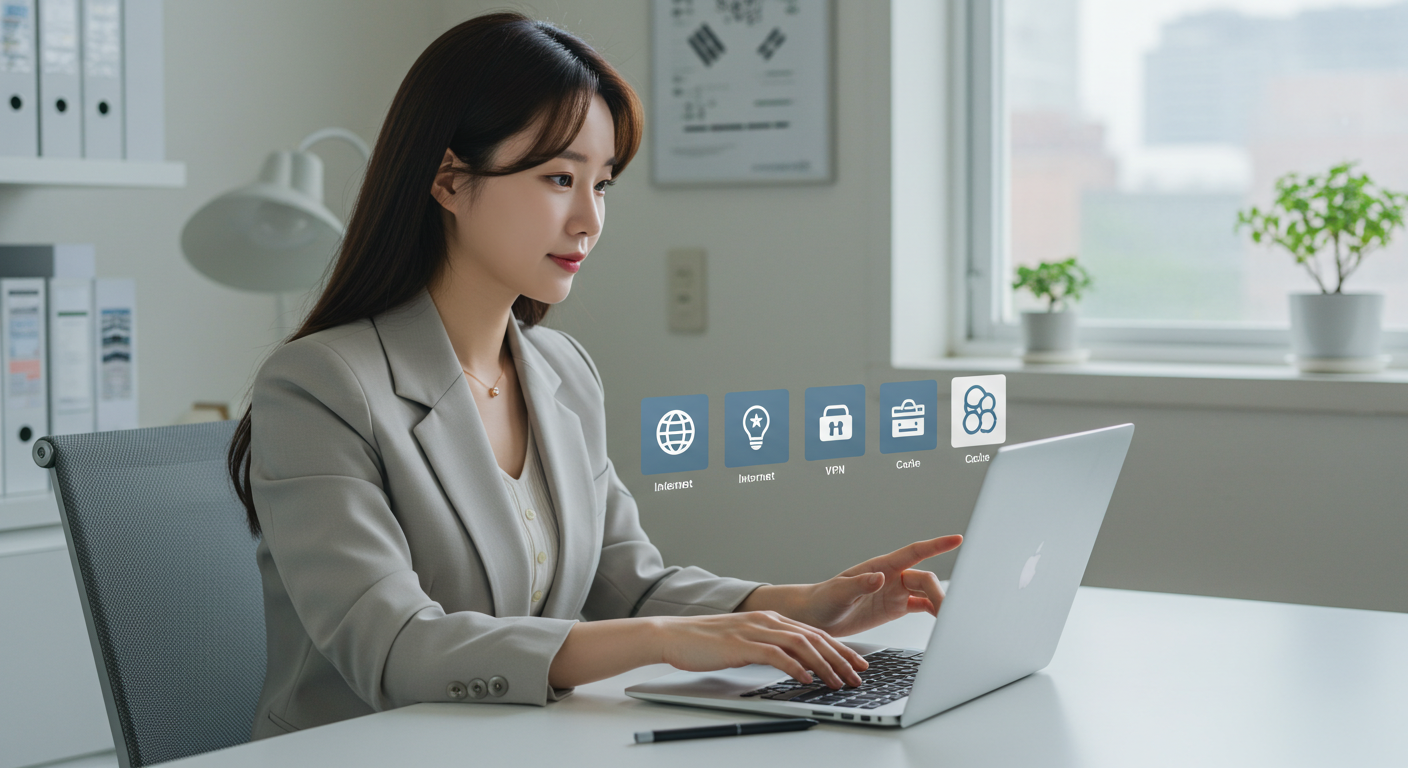 GPT-5 연결 오류 해결 방법을 3가지 아이콘으로 보여주는 깔끔한 사무실 배경 이미지