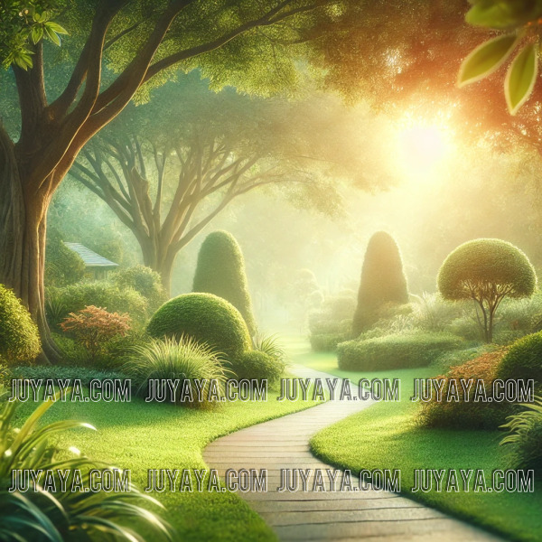 부드러운 햇살 아래 푸른 나무들로 둘러싸인 산책로, 스트레스 완화와 자연 속의 휴식을 상징하는 장면.