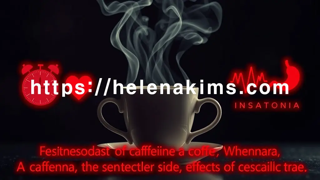 어둡고 신비로운 배경에 흔들리는 커피잔이 중앙에 위치. 커피 증기가 불안한 곡선으로 퍼져나가며, 그 안에 불면증을 상징하는 깜빡이는 눈과 빠르게 움직이는 시계 바늘이 흐릿하게 보인다.