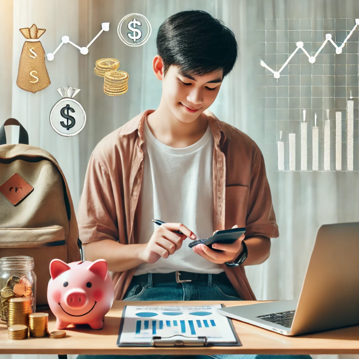 학생이 열심히 저축하려 계산기 사용하는 모습