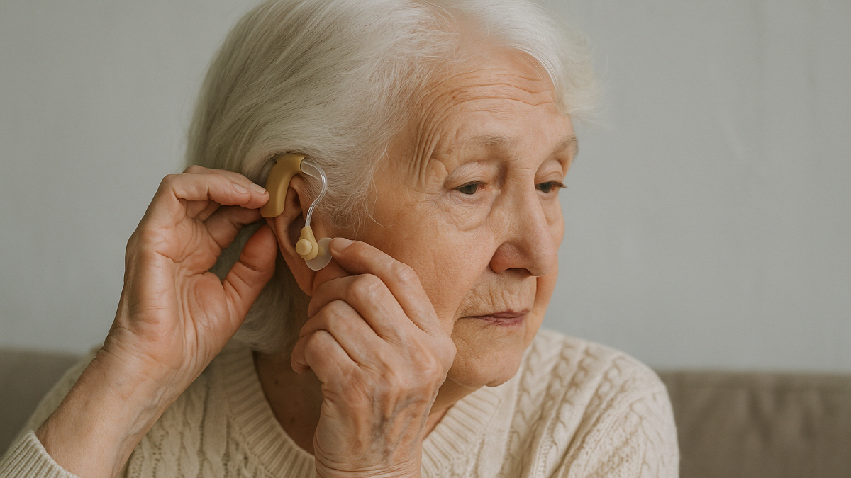 보청기를 착용하는 고령 여성의 모습, 실버세대 청력 관리의 중요성 표현