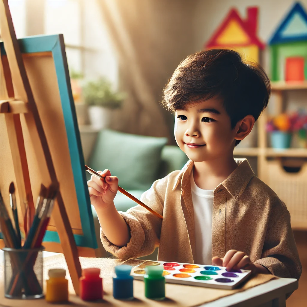 6살 정도 된 한국 아이가 아늑하고 밝은 조명이 비추는 미술실에서 이젤에 다채로운 그림을 그리며 집중하고 즐거운 표정을 짓고 있는 모습