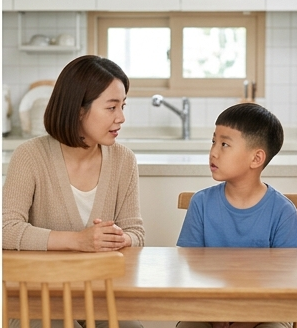 엄마와 아이가 마주 보고 이야기 나누는 모습