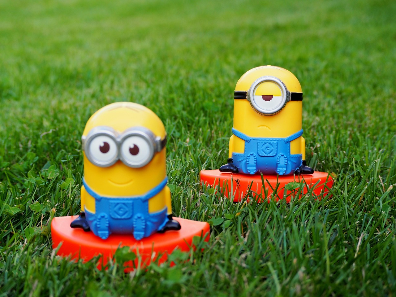 풀숲 위에 얹어진 미니언즈 장난감 2개 사진