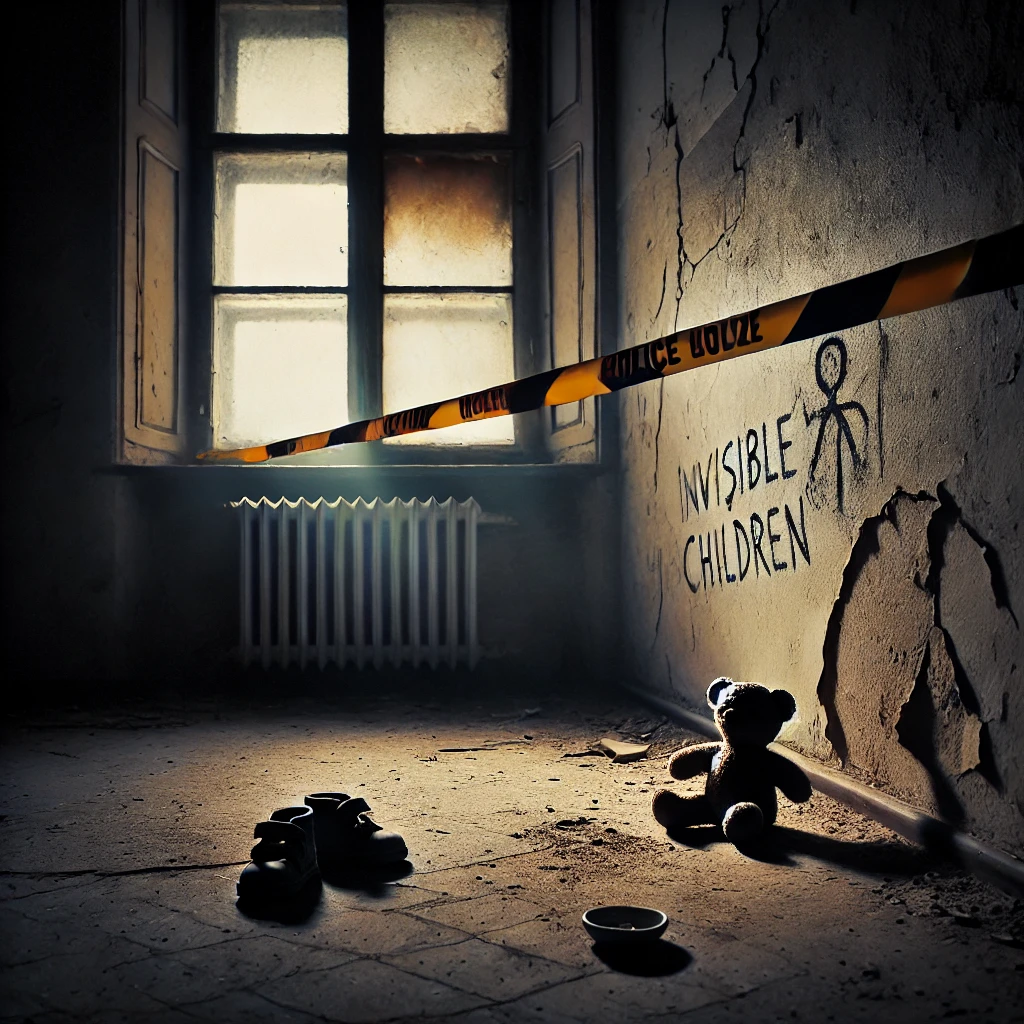 이 사진은 가족의 돌봄을 받지 못하고 학대되거나 버려진 아이들을 상징하는 이미지 입니다. 바닥에는 곰돌이인형과 아이의 신발이 놓여있고, 어두운 방안에 폴리스라인이 있습니다.