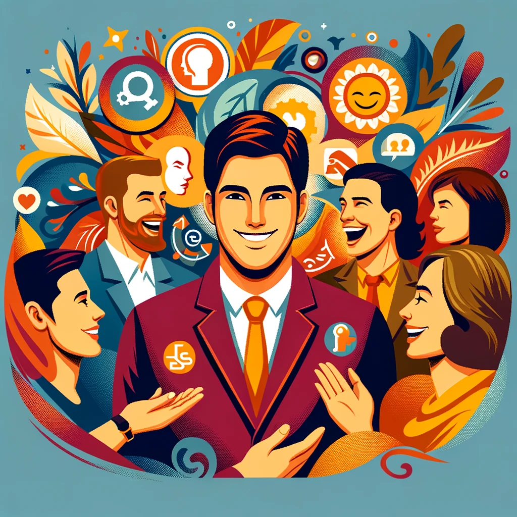 이 그림은 ESFJ 유형&#44; 알려진 바로 &#39;사교적인 외교관&#39;의 특성을 시각적으로 표현합니다. 중심에 있는 인물은 따뜻하고 환영하는 미소로 다른 사람들과 눈을 맞추며&#44; 개방성과 상호작용에 대한 열정을 나타냅니다. 이 인물을 둘러싼 다양한 개성의 사람들은 ESFJ가 다양한 성격의 사람들과 연결될 수 있는 능력을 보여줍니다. 손잡기&#44; 표현적 제스처&#44; 활기차고 초대하는 배경은 커뮤니티와 조화의 느낌을 전달합니다. 이 이미지는 ESFJ의 에너지 넘치고 공감적인 정신을 색채가 풍부하고 역동적인 스타일로 포착합니다.