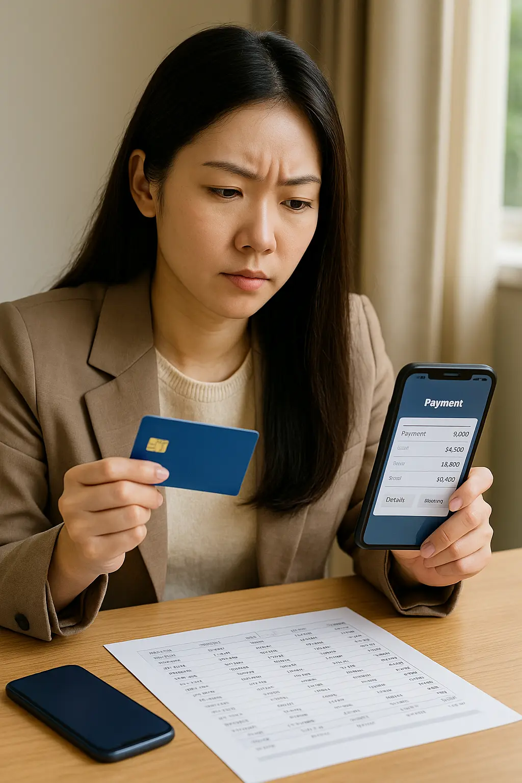 체크카드와 스마트폰 결제내역을 대조하며 실적 인정 여부를 점검하는 여성 직장인의 확인 과정