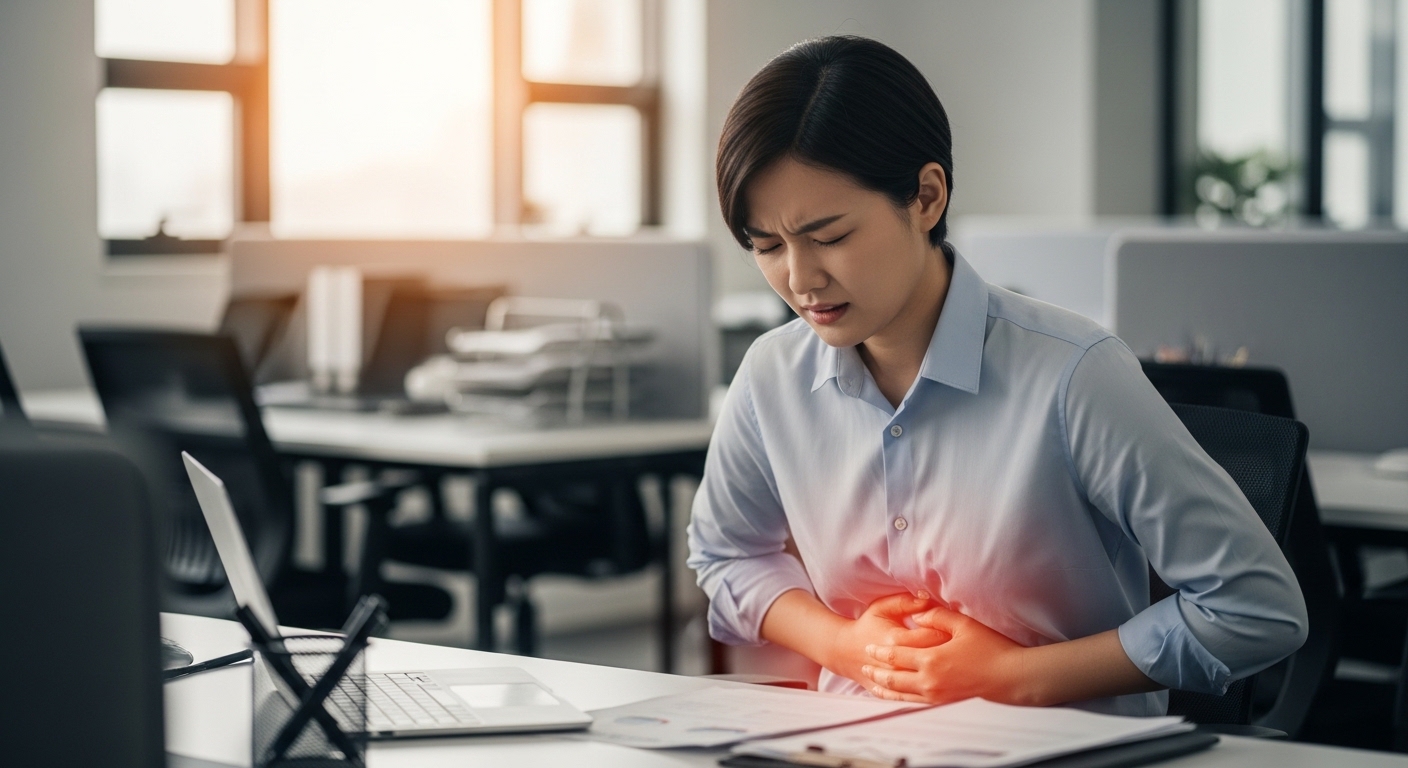 스트레스를 받을 때 복부 불편감을 느끼는 직장인의 모습