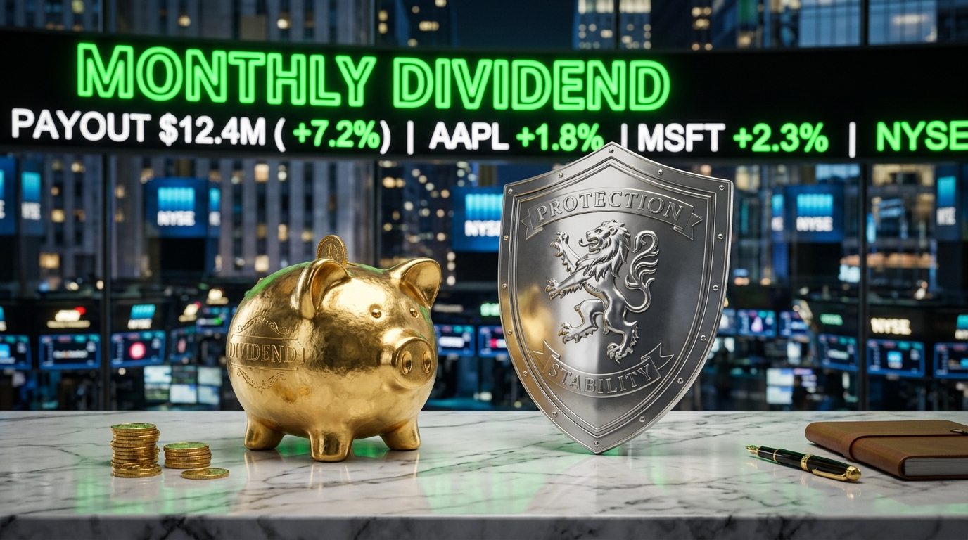 화려한 월스트리트 전광판 배경에 'MONTHLY DIVIDEND'라는 문구가 적힌 황금색 저금통과 방패가 놓여 있는 이미지