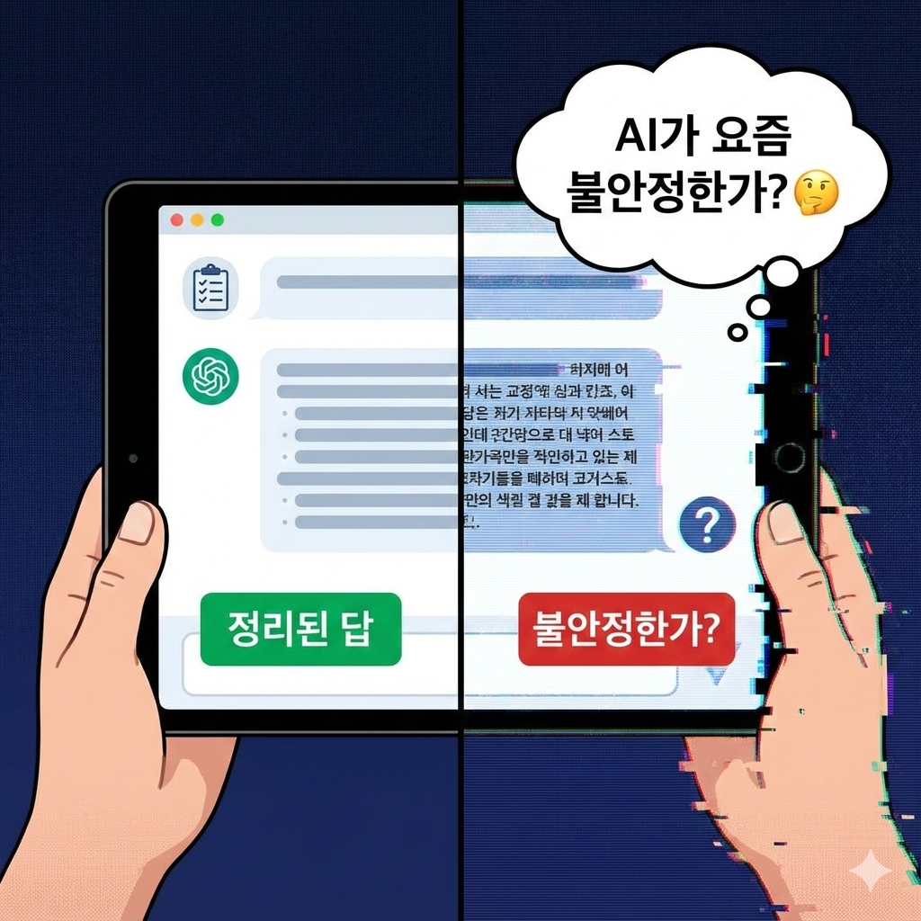 AI 답변이 정리된 경우와 불안정하게 보이는 경우를 대비해 보여주는 화면