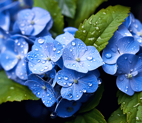 하늘색 작은 수국들이 빗물을 맞아 피어있다. 매우 예쁜 꽃들이다.