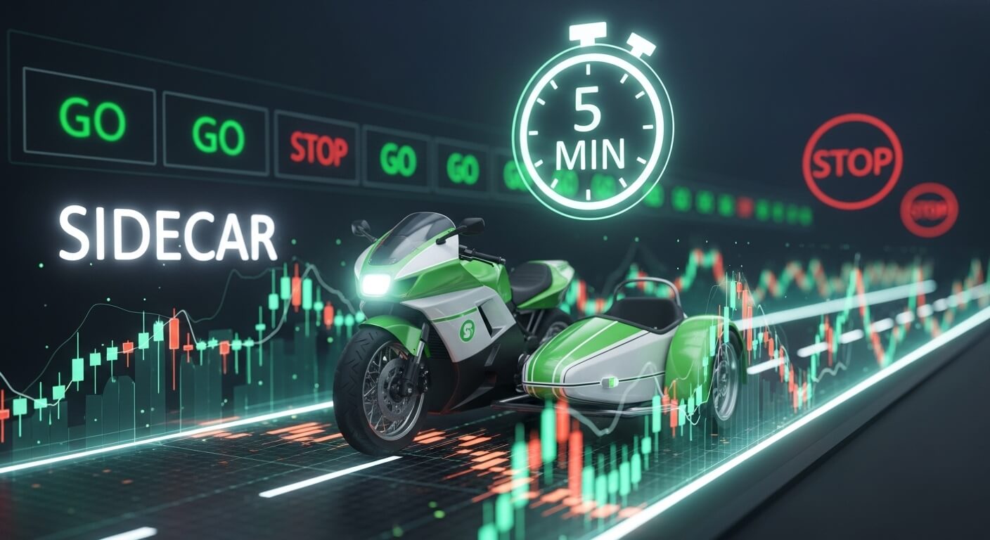 오토바이사이드카가 있고 뒷면에 주식의 모니터가 있고 GO STOP 이있다