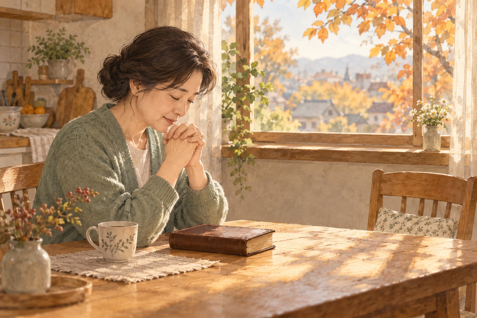 자녀를 위한 기도문 — 창가의 성경 앞에서 두 손을 모은 부모