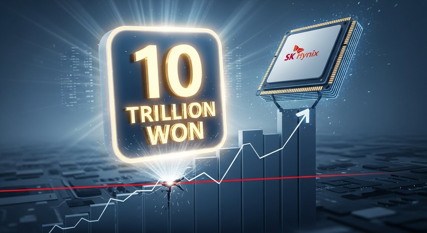 10조원 이라는 글이 있고 SK 하이닉스의 LOGO 가 있고 주식창이 계속 올라가는 모습