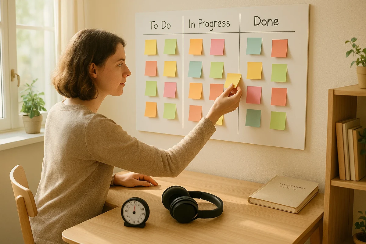 성인 ADHD 시간관리 도구(칸반보드)와 집중력 향상 훈련을 통해 일상 전략을 세우는 모습