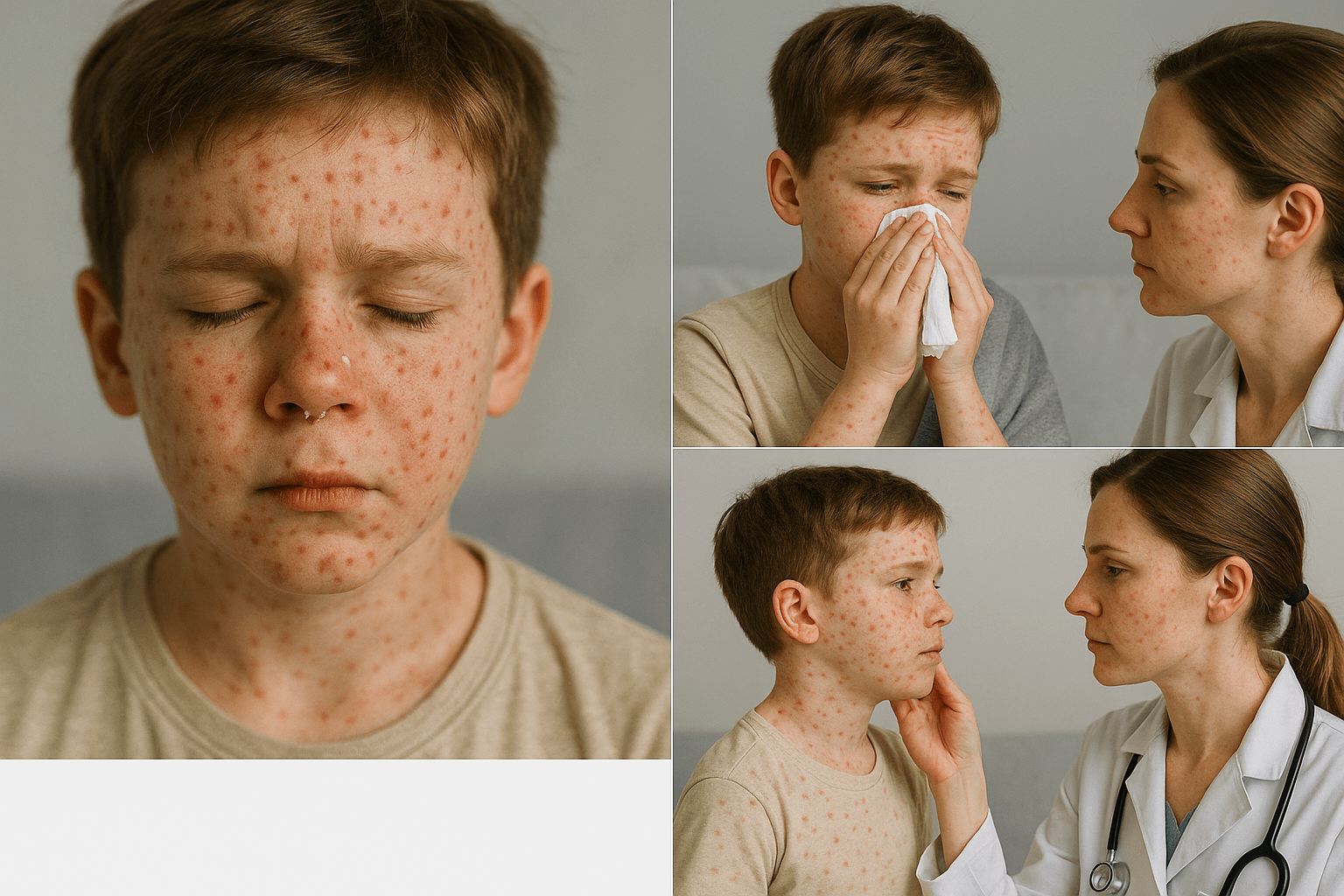 홍역으로 힘들어하는 어린이와 의사 선생님 모습