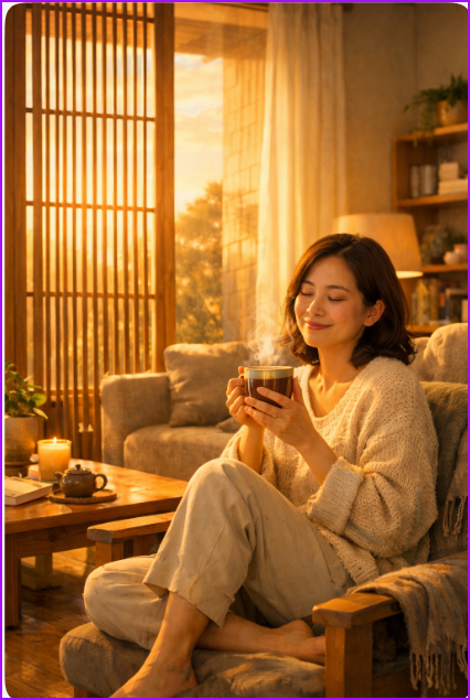 극례의 맑은 존중 속에서 내면에 옥시토신과 평화 가득한 휴식을 만끽하는 현대인의 안온한 모습