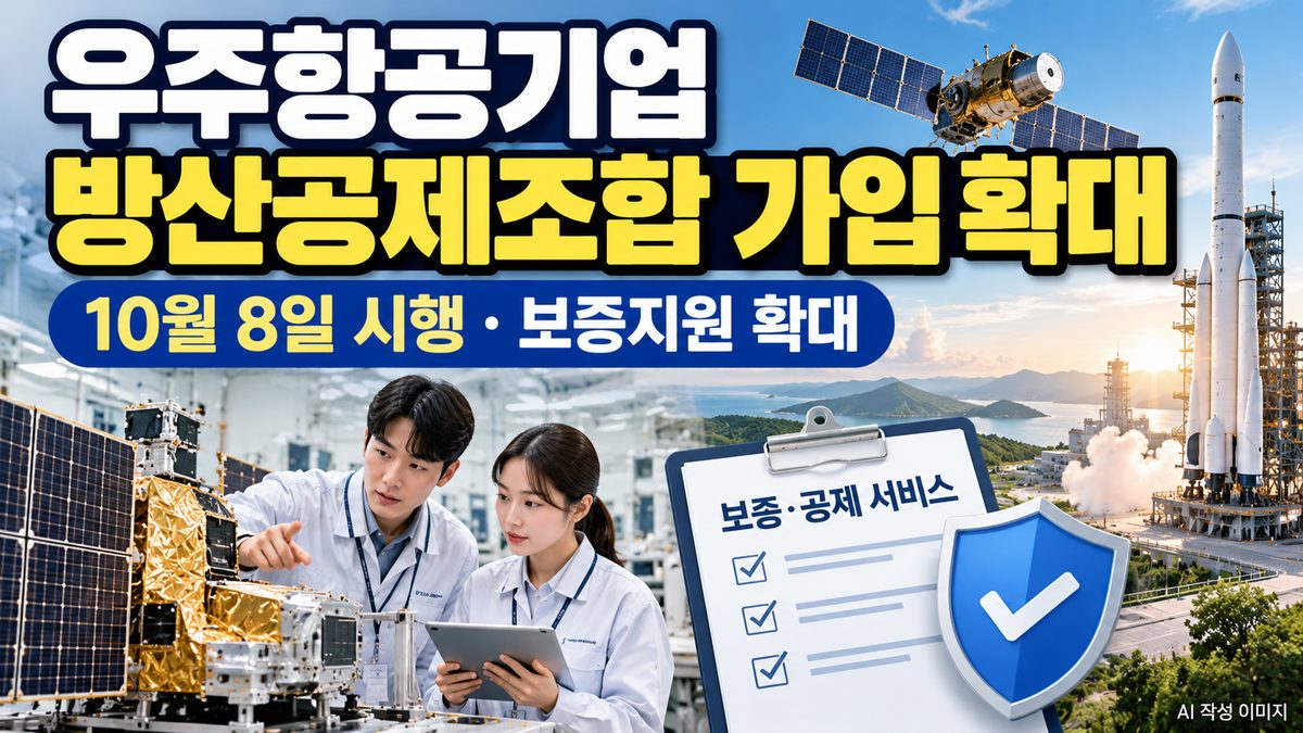 우주항공기업 방위산업공제조합 가입 확대, 10월 8일 시행과 보증·공제 지원을 안내하는 위성·로켓·연구원 이미지