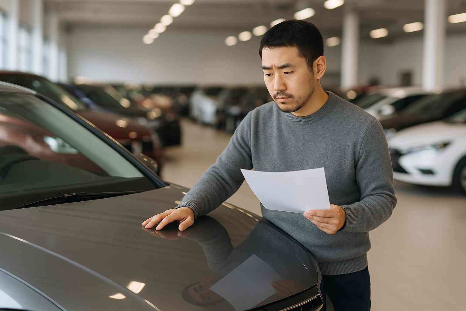 신용회복 중인 한국 남성이 자동차 매장에서 차량을 진지하게 바라보며 서류를 들고 고민하는 모습