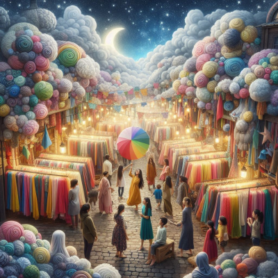 구름과 실들로 가득 찬 장관 속에서 사람들과 옷들이 춤추는 장면.