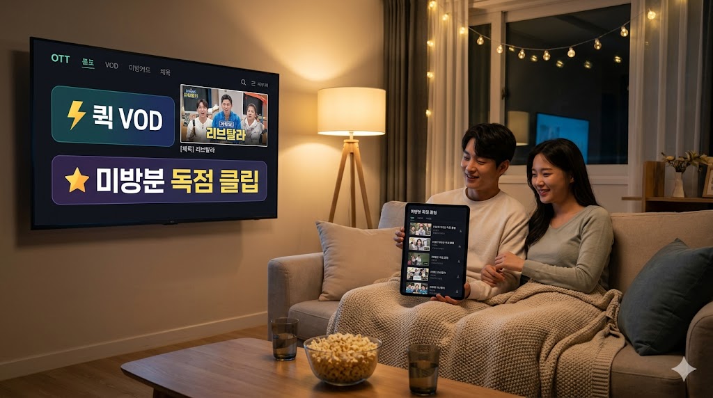 A photorealistic image of a smartphone screen showing a streaming app interface with Korean text, resting on a cozy living room table with a cup of coffee next to it.