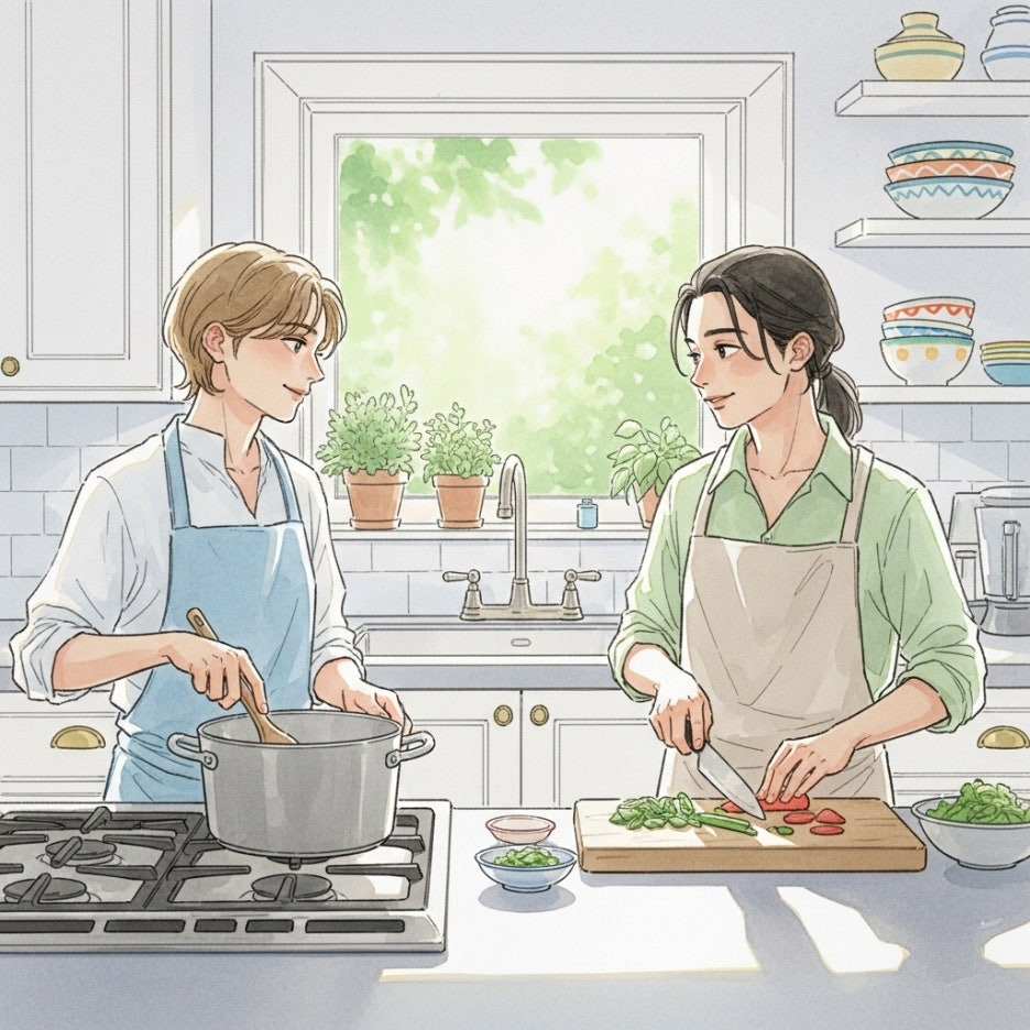 밝은 주방에서 함께 요리를 하며 웃고 있는 모습