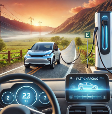 고속 충전소를 이용한 차량으로 경치 좋은 전기차 충전소를 소개하며, 여행 중 효율적인 충전의 중요성을 강조합니다.