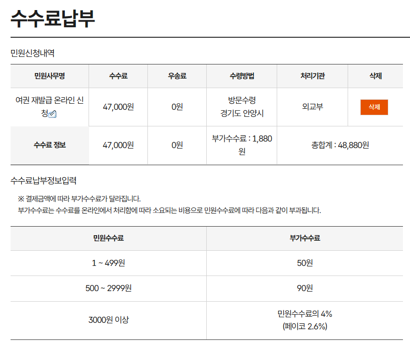 수수료 납부 화면