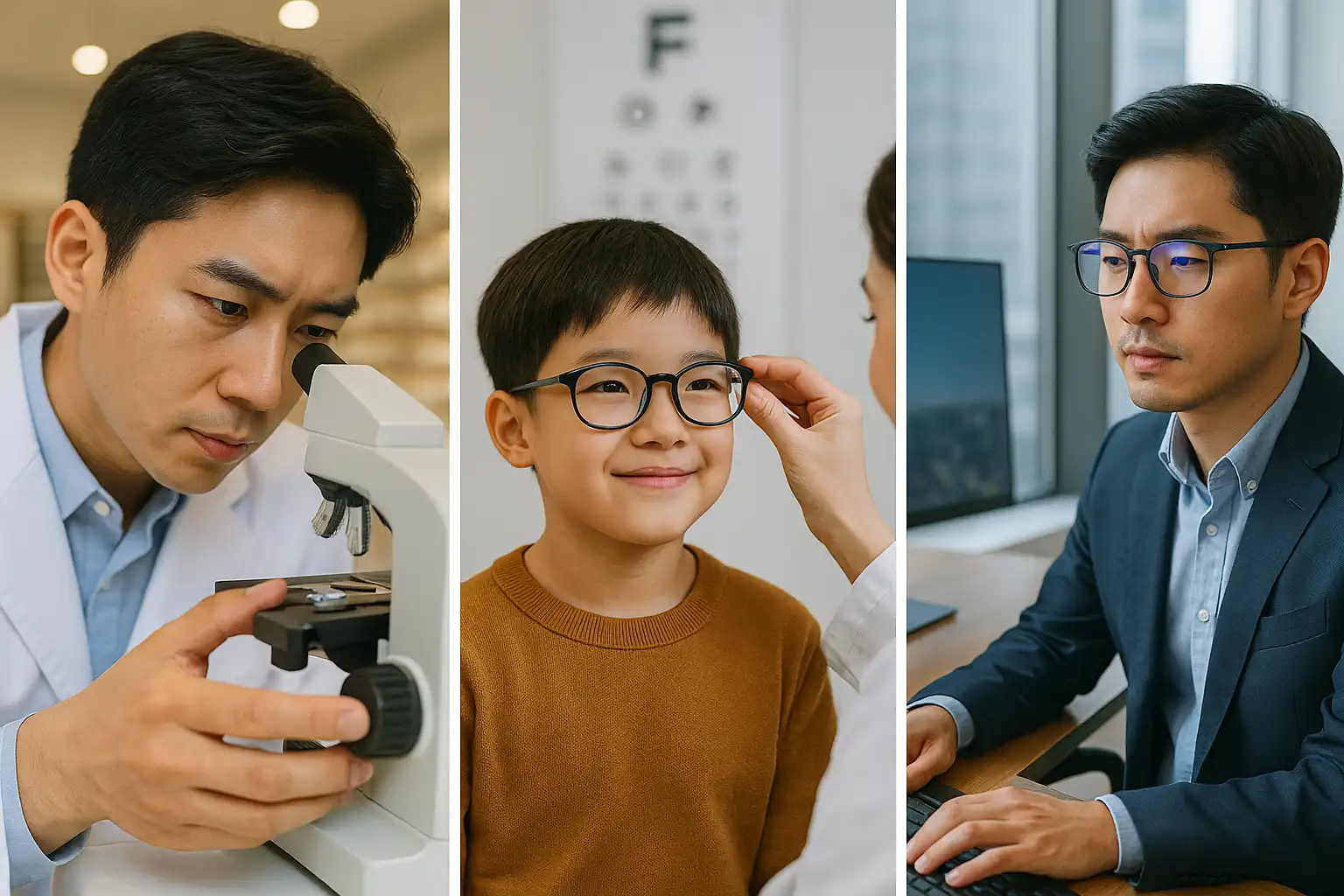 정밀 기구처럼 안경을 검사하는 안경사, 성장기 어린이가 교정 안경을 쓰는 모습, 직장인이 모니터 앞에서 안경으로 눈을 보호하는 장면