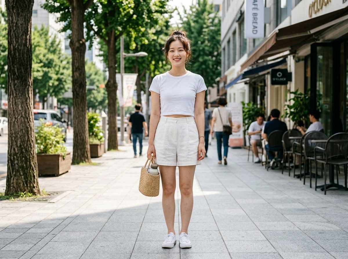 A Korean woman in a white cotton crop top and white linen shorts, white sneakers, hair in a casual bun, standing in a bright outdoor setting, summer vibe, light and airy fashion look, lifestyle photography