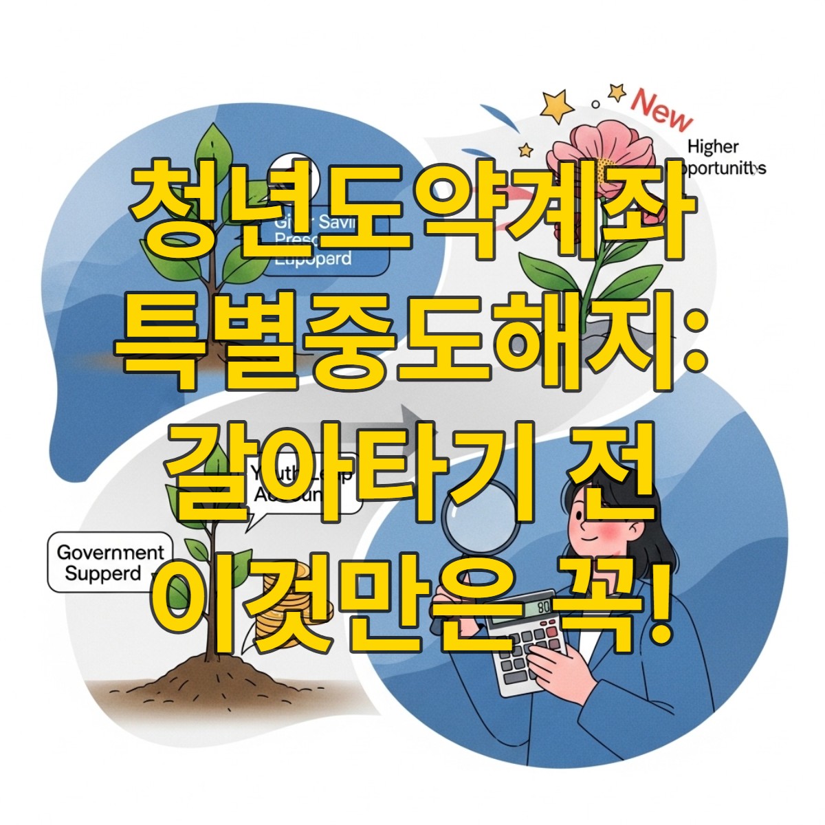 청년도약계좌 특별중도해지와 미래 적금 갈아타기를 고민하는 청년이 계산기와 돋보기를 들고 두 갈래 길을 살펴보는 모습.