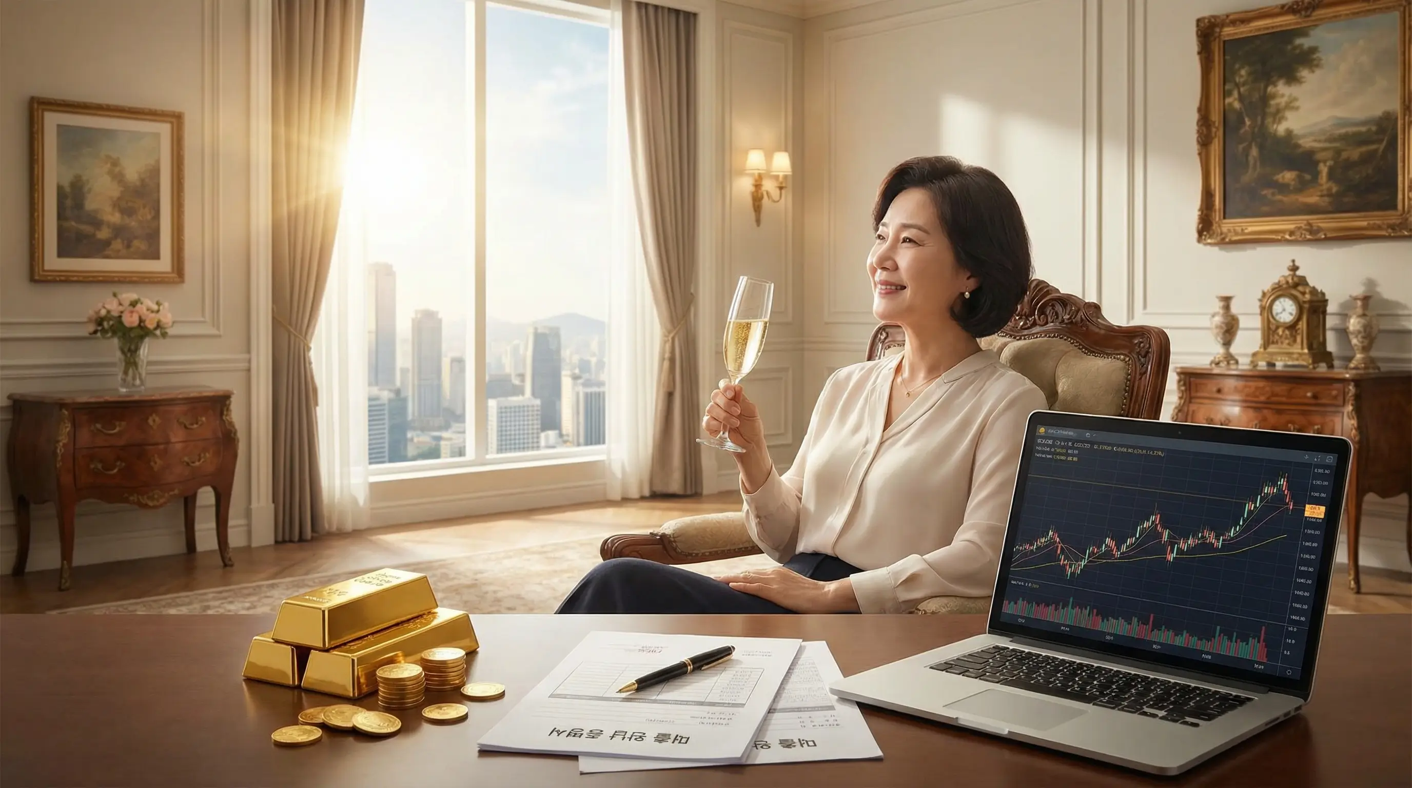 성공적인 금테크로 자산을 불리고 대출 상환까지 마친 여유로운 투자자의 모습