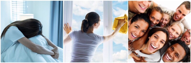 고개숙인 사진, 청소하는 사진, 웃는 사진