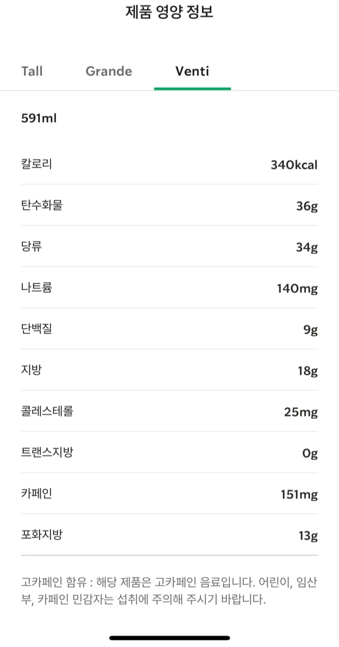  더블 에스프레소 크림라떼 칼로리 표/ 출처 - 스타벅스 APP 