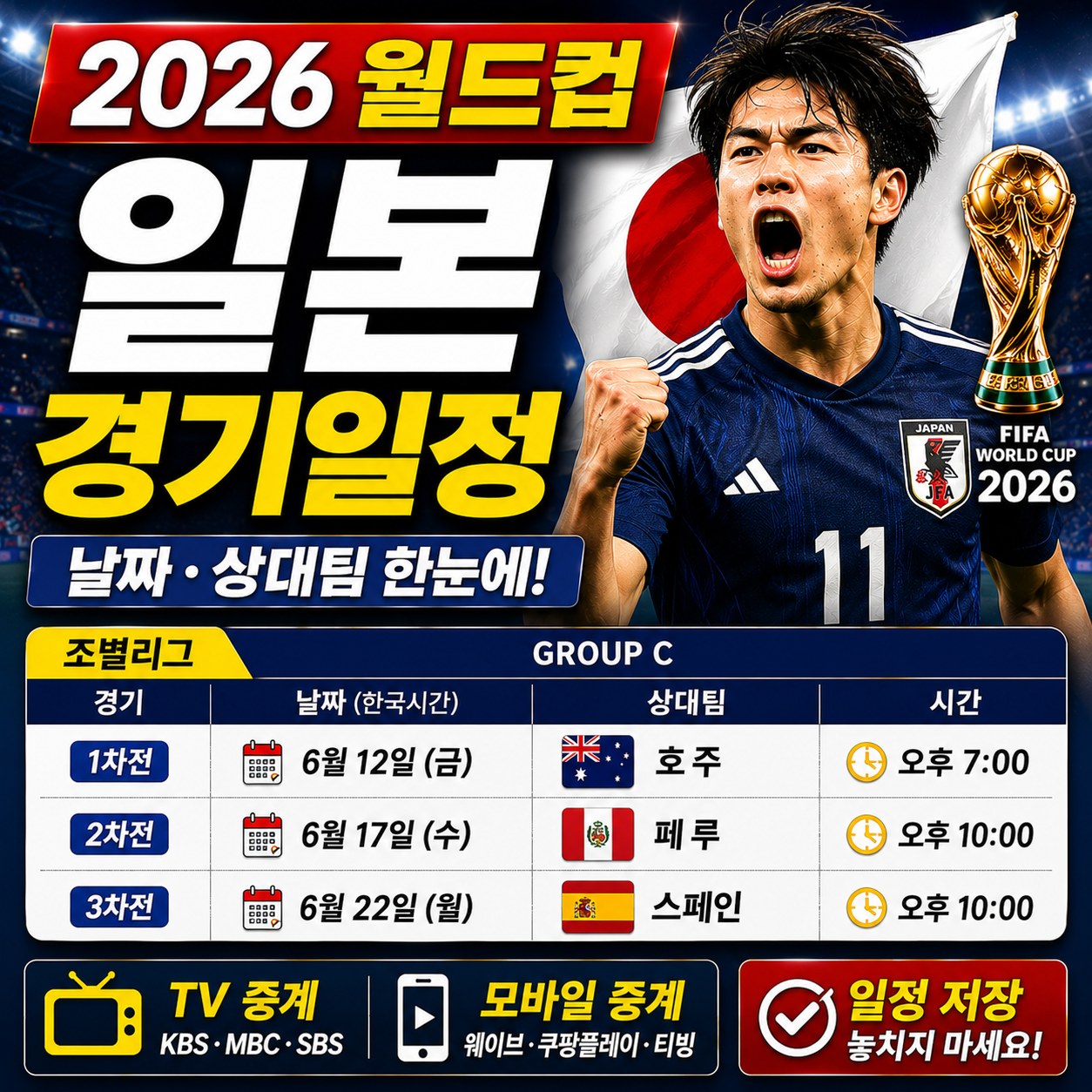 일본 월드컵 경기일정 날짜 상대팀 한눈에 보기 2026