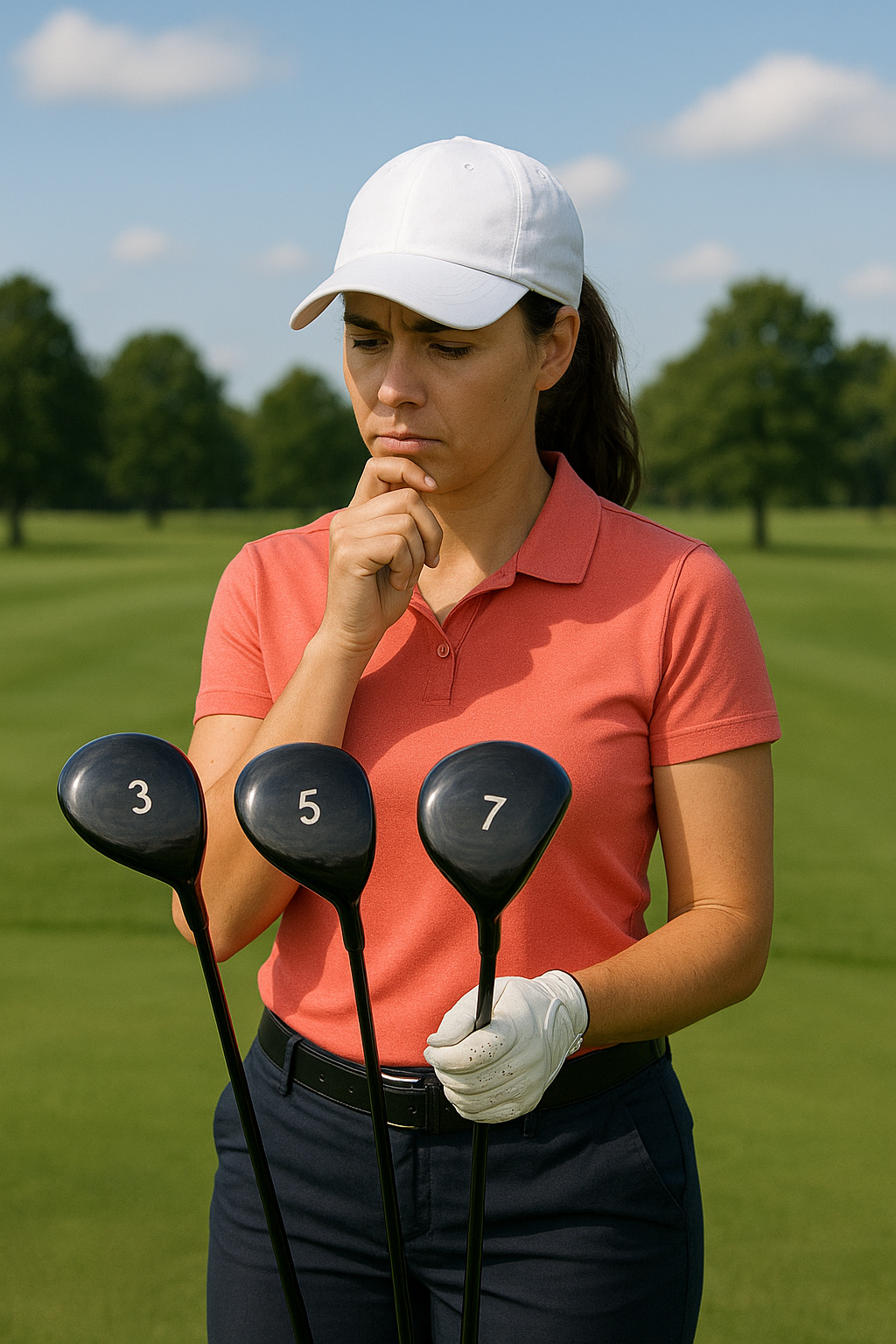 여자 아마추어 골퍼 3번, 5번 , 7번 우드중 어느것으로 칠지 고민하는 모습
