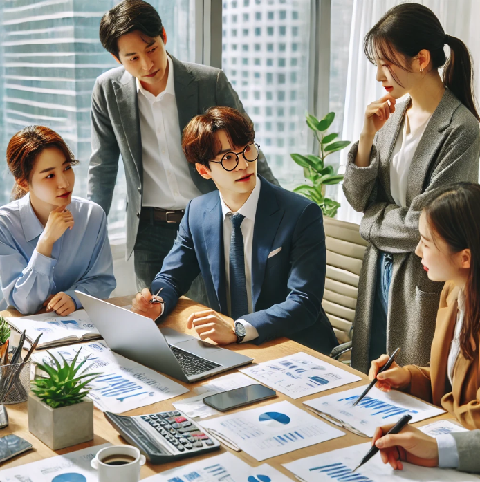 프로젝트에 대해 토론하는 한국의 사무실 직원들