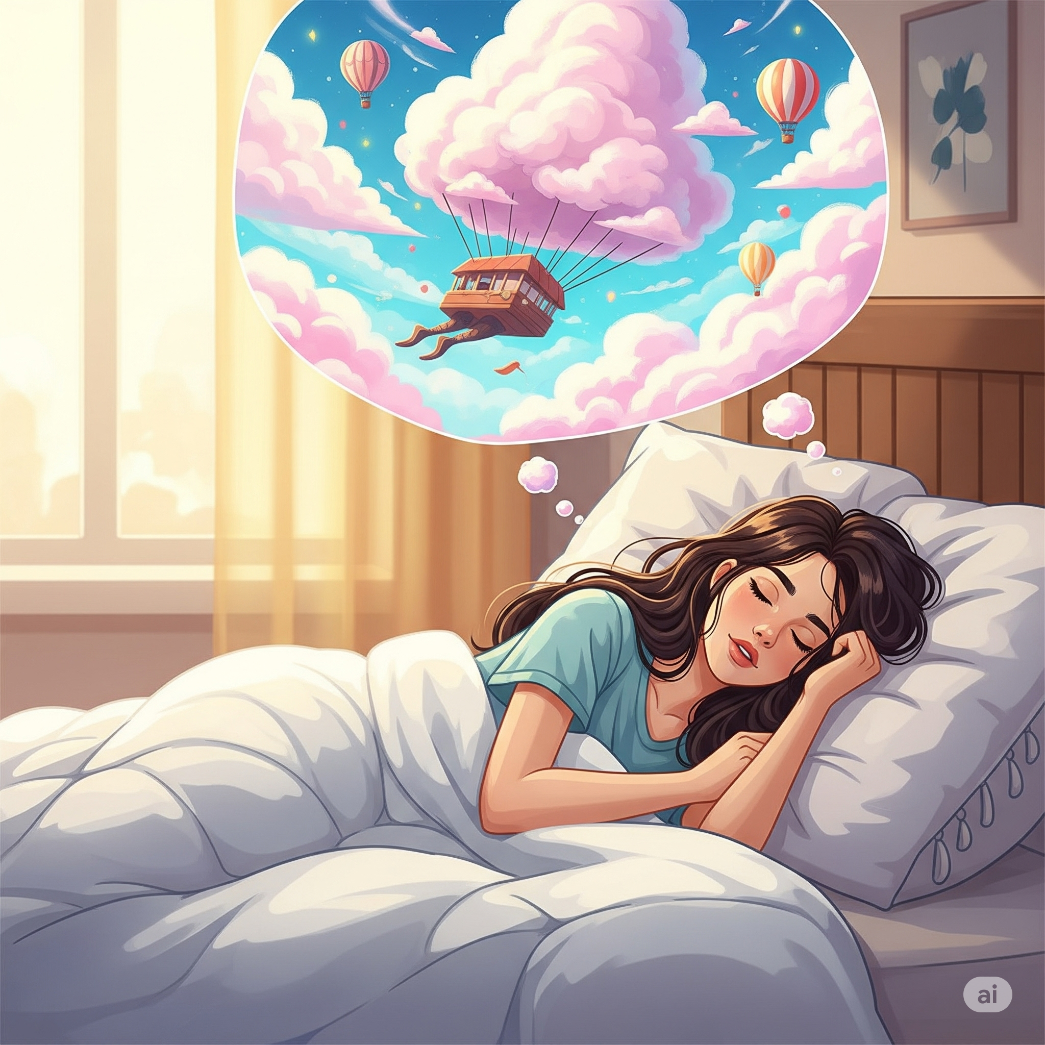 평화롭게 잠든 사람의 모습과 뇌의 활동을 상징하는 이미지