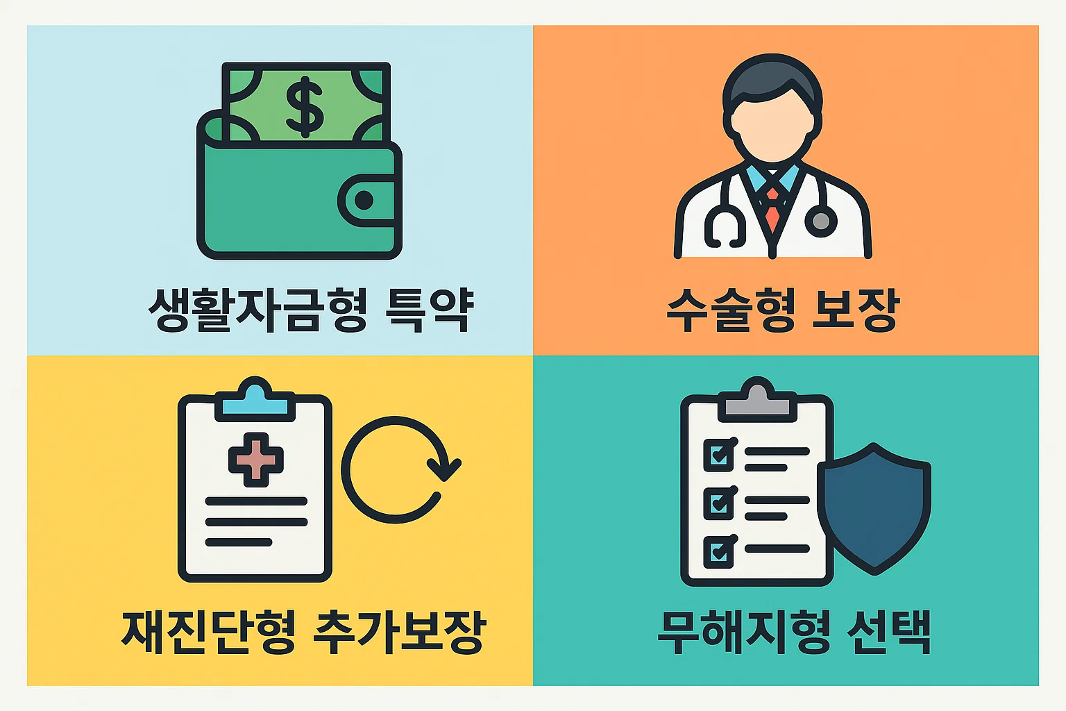 생활자금형, 수술형, 재진단형, 무해지형 등 암보험 특약별 보장 방식과 차이점을 비교해 가입 선택에 도움을 주는 인포그래픽입니다.