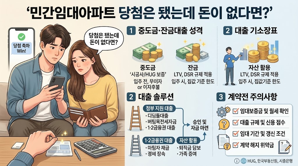 민간임대아파트 당첨 후 자금이 부족할 때 중도금과 잔금 대출의 성격, 정부 지원 대출 및 자산 활용 같은 대출 솔루션, 그리고 계약 전 필수 주의사항(보증금, 월세, 규제, 계약 조건)을 일러스트와 인포그래픽으로 설명하는 종합 안내 이미지