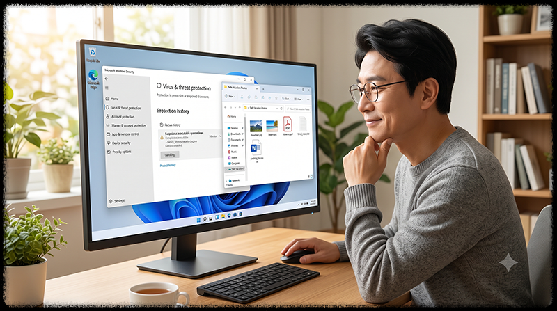 Windows 보안으로 악성 위장 파일을 차단하고 정상 파일의 확장자를 확인하는 모습
