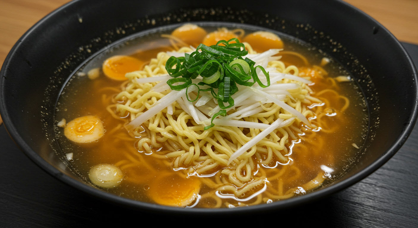 라면에 파와 콩나물이 올라가 있다