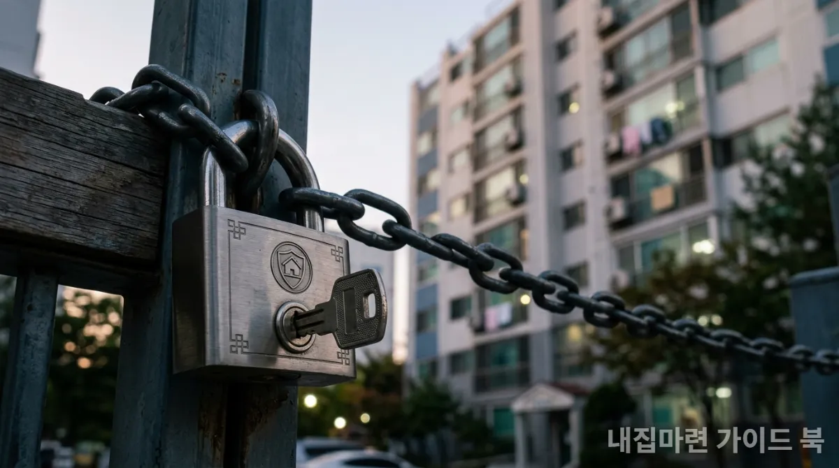 전세보증금 반환보증의 안전성을 상징하는 자물쇠와 아파트