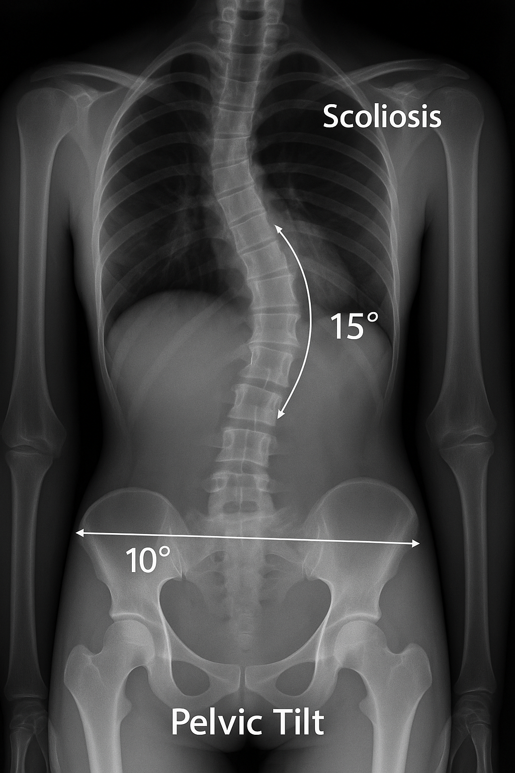 골반과 척추에 불균형이 온 한 여성의 X-ray이미지