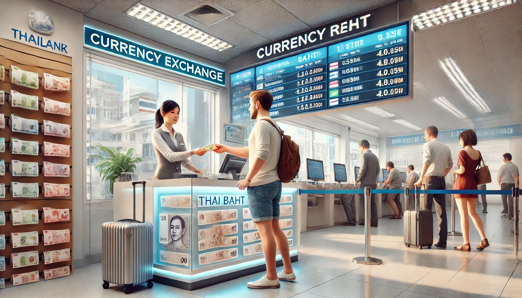 방콕의 환전소에서 여행자가 환전을 하고 있는 모습