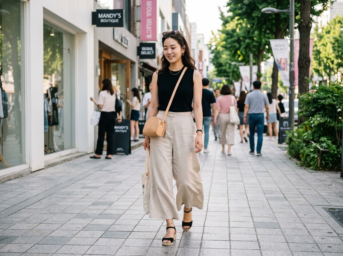 Korean woman in wide-leg linen pants and slim wedge sandals, full body street style shot, minimal chic daily outfit