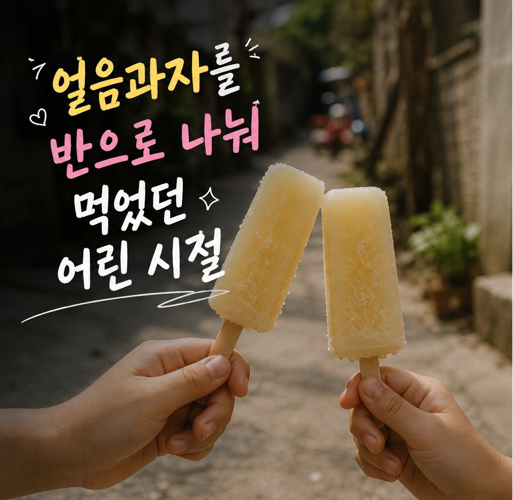 여름 골목에서 두 사람이 얼음과자 두 조각을 들고 있는 모습과 제목 문구