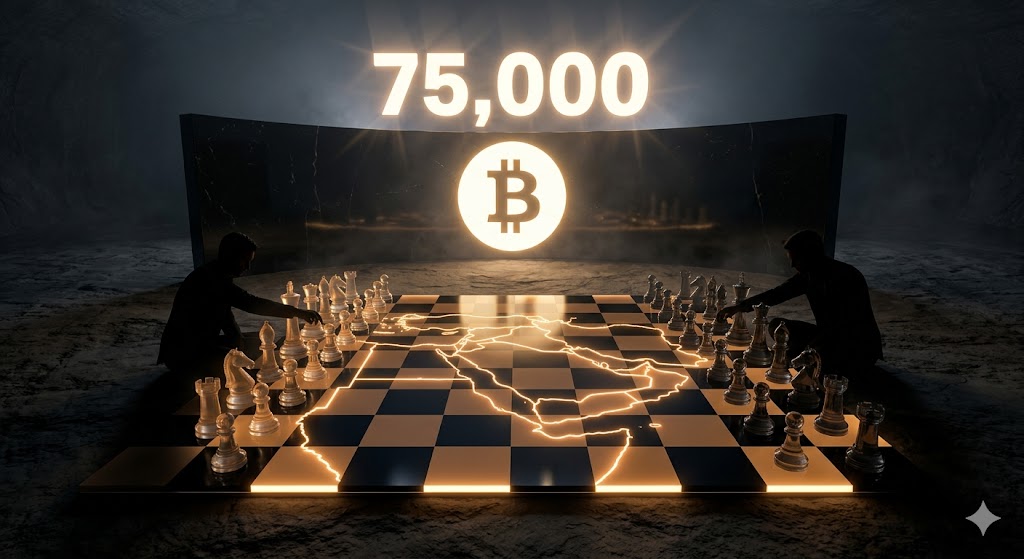 어두운 배경에 '75,000'이라는 숫자가 빛나는 비트코인 로고와 중동 지역을 형상화한 체스판 이미지
